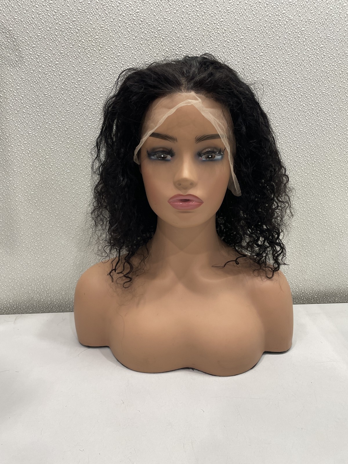 Natural Black Curly Human Hair Blend 13×4 Lace Front Glueless Wig, 16″