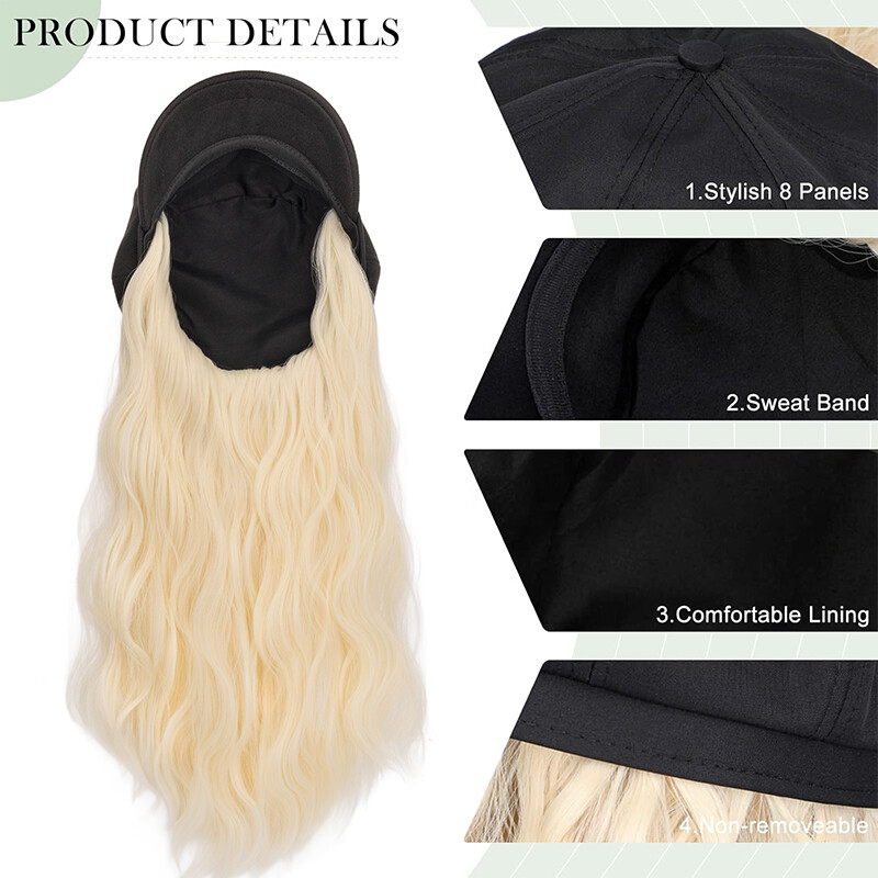 Cap With Hair Extensions Long Baseball Hat Curly/Wavy Hairpiece Natural as Human