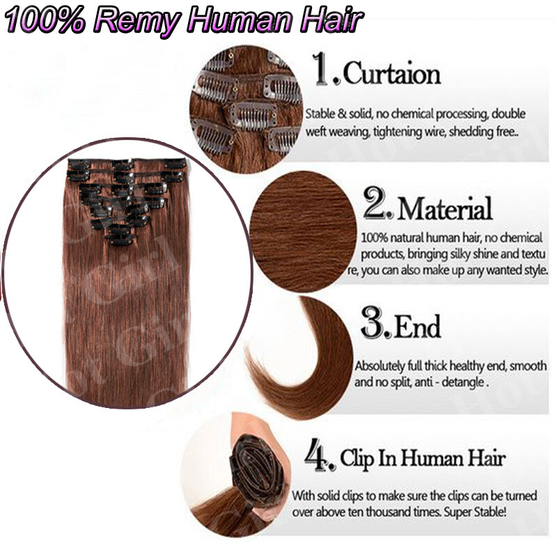 100% Natural Remy Clip in Hair Extensions 8 Full Head Real Human Hair US Seller