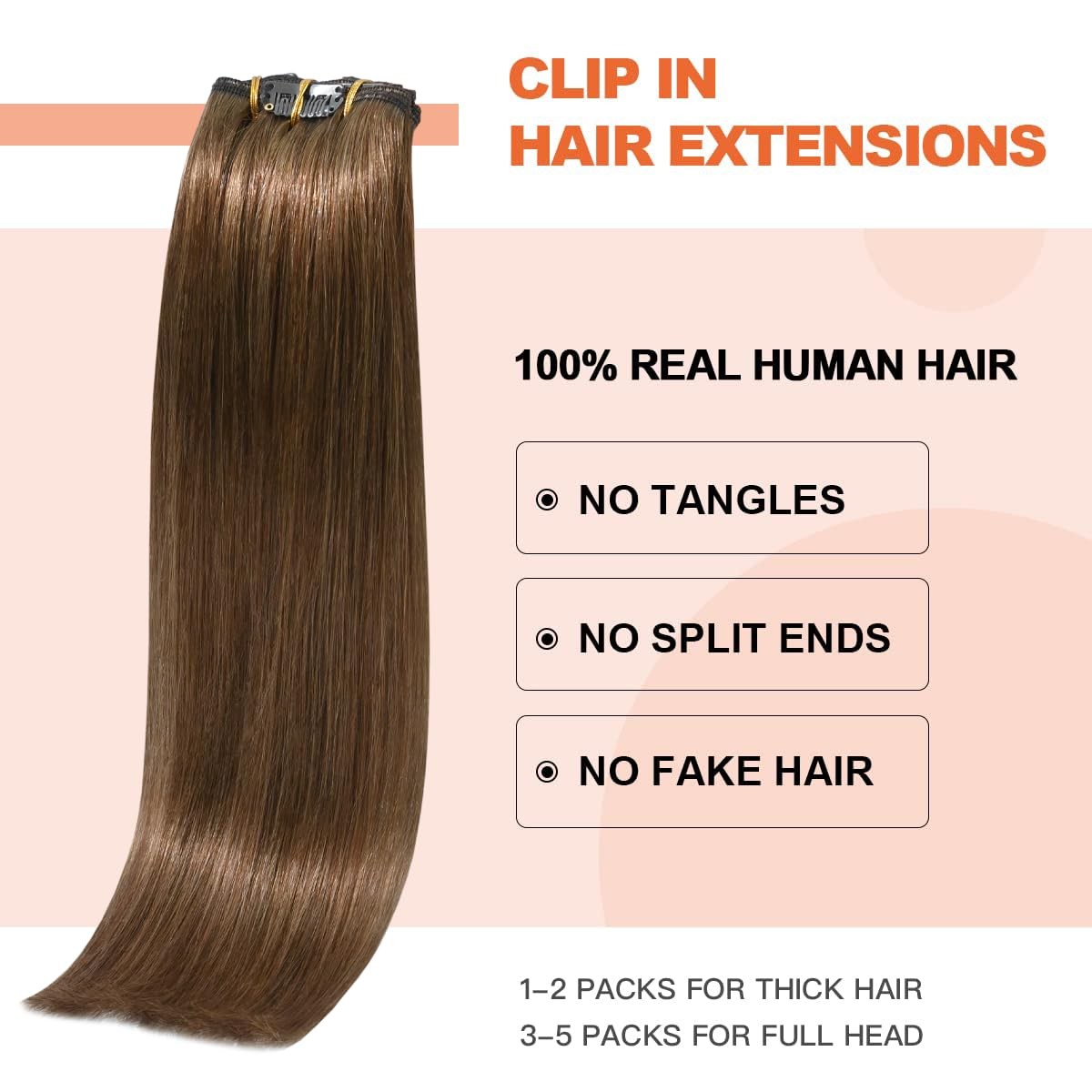 Light Brown Hair Extensions Clip in Human Hair 18 Inch 70g 7pcs Remy Hair Sil…
