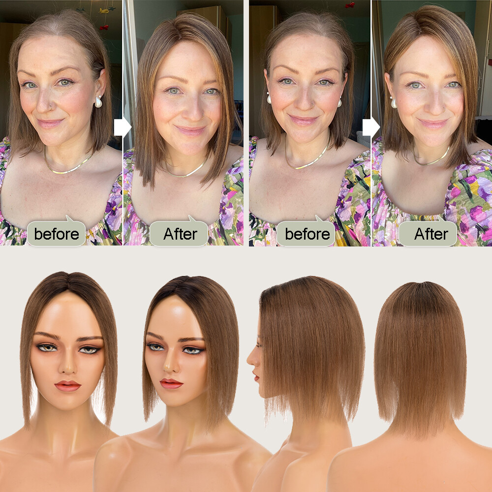 100% Real Human Hair Piece Topper Clip in Top Toupee Hairpiece Women Side Part