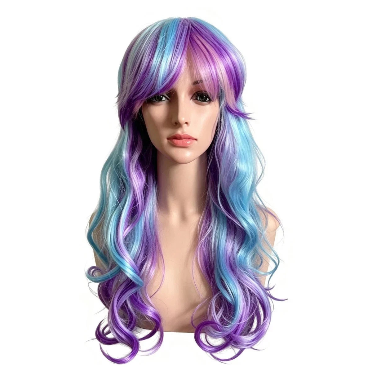 Long Wavy Purple Blue Mixed Color Wig with Bangs Heat Resistant Synthetic Hair C