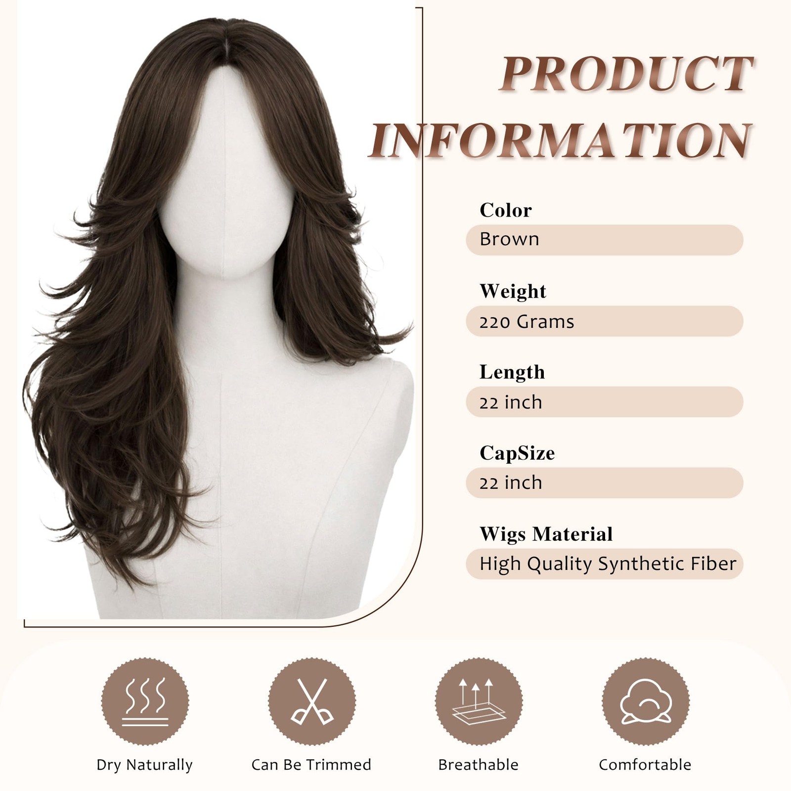 Dark Brown Layered Wig with Bangs, Long Wavy Wig with Curtain Bangs(Can Be Tr…