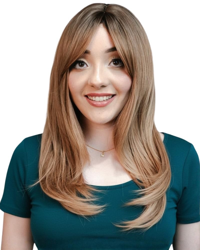 26 Inch Long Straight Wig with Bangs for Women – Natural Looking Ash Blonde S…