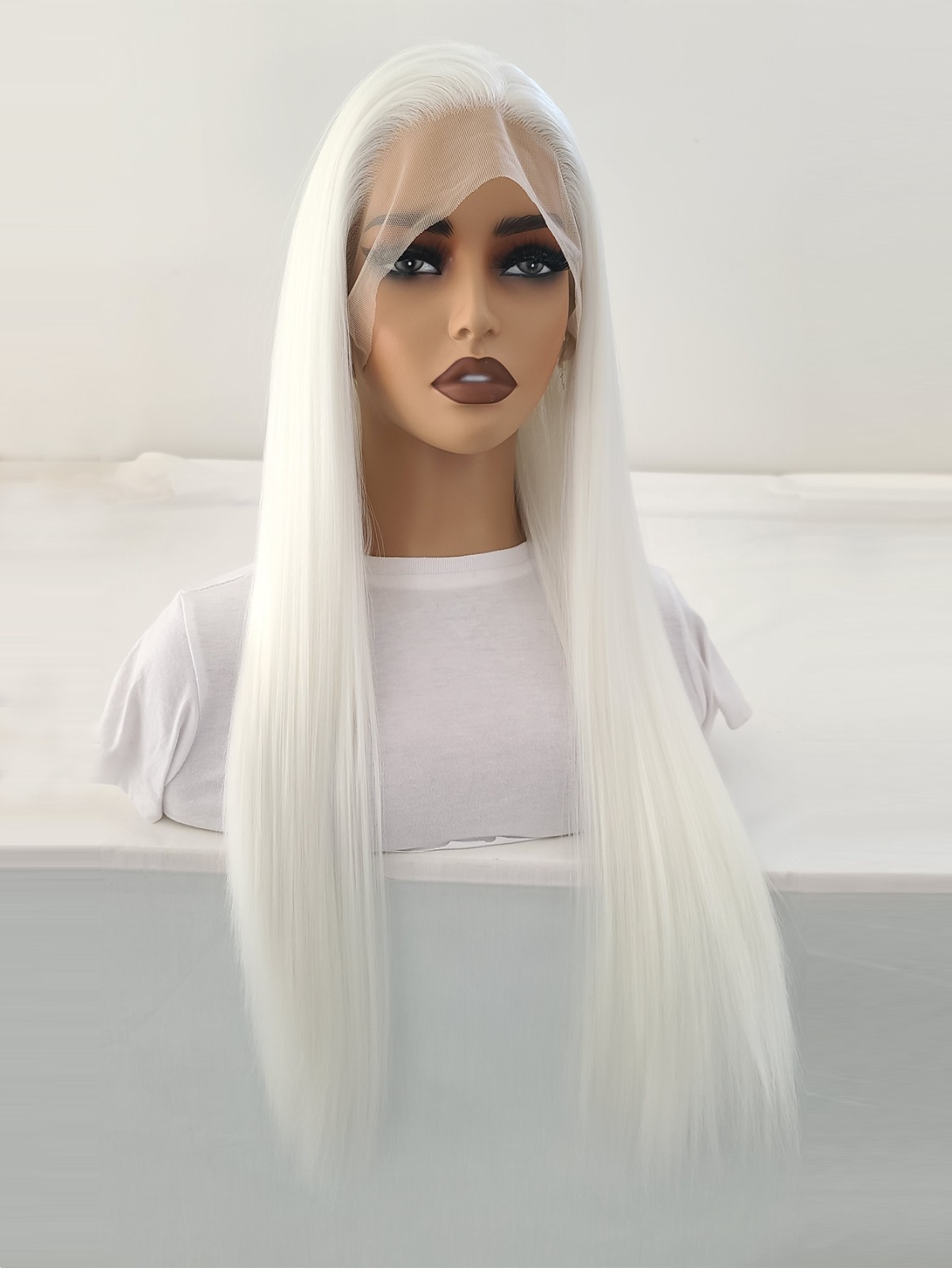 Long Straight White Lace Front Synthetic Hair Heat Ok Wigs Women Soft