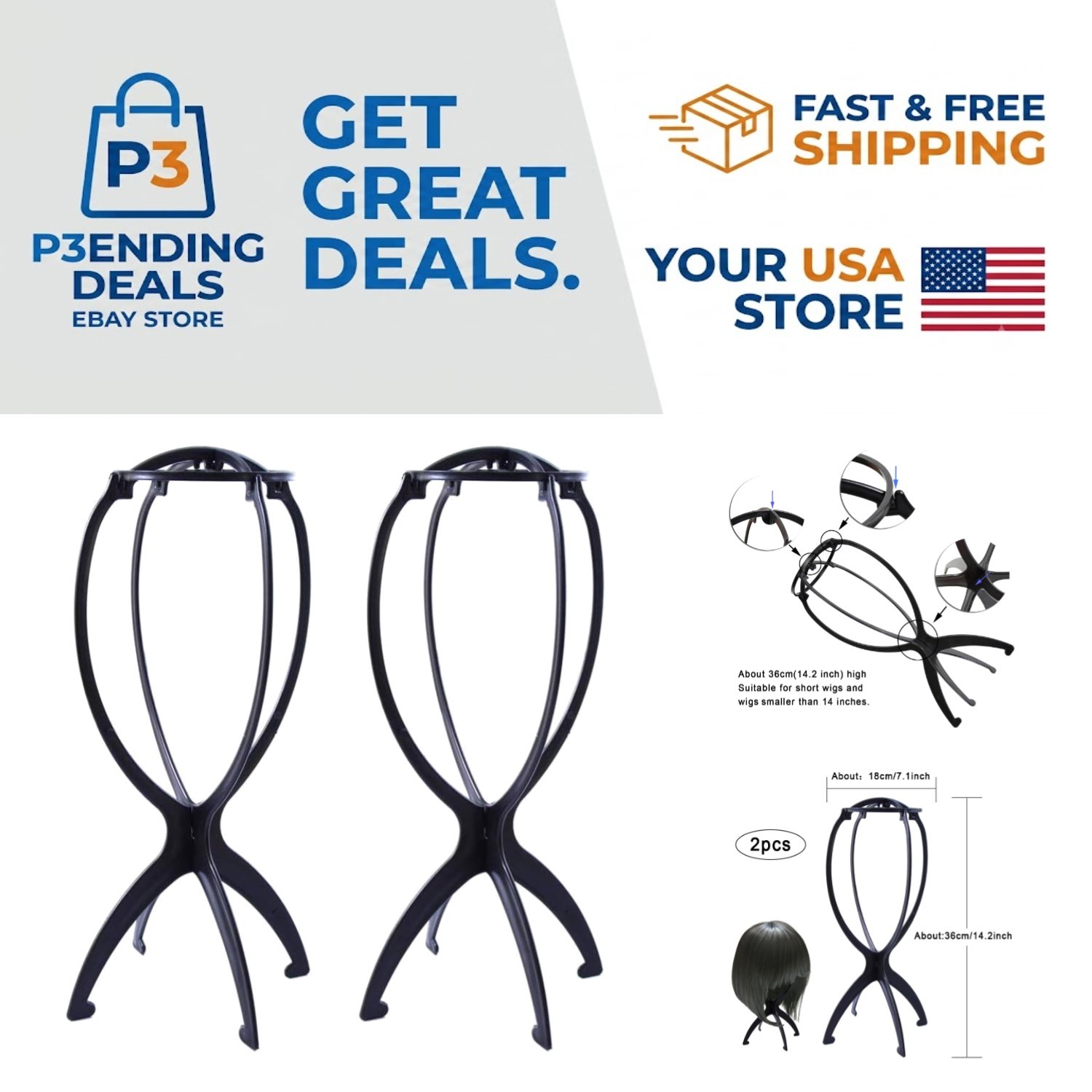 Durable Plastic Wig Stands – 14.2 Inches, Ideal for Air Drying & Storage