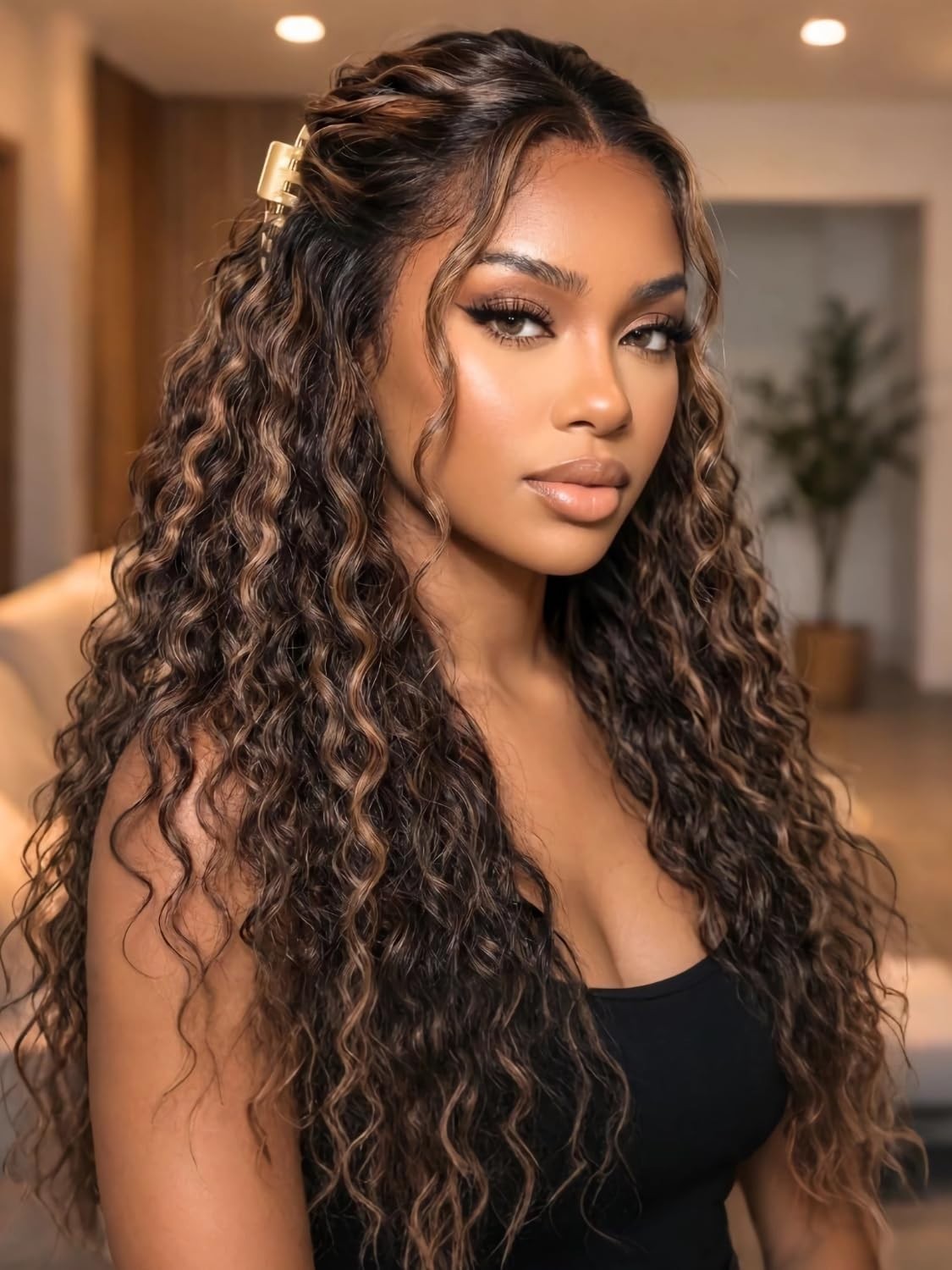 Golden Brown Highlight Deep Wave 22″ HD Lace Closure Glueless Wig, Pre-Plucked,