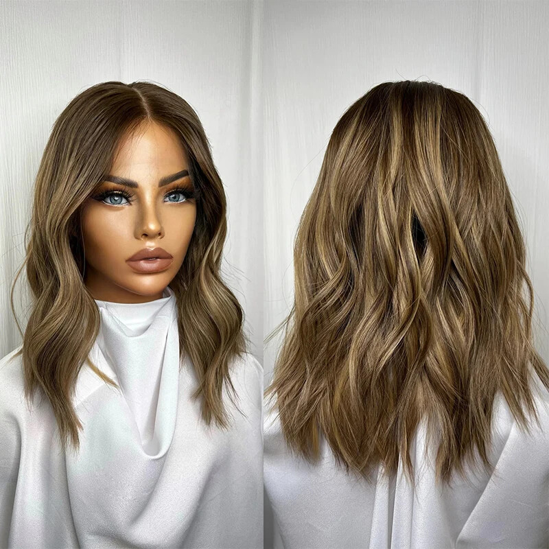 Natural Wave 13×4 Lace Frontal Wigs Caramel Ash Blonde Balayage 100% Human Hair
