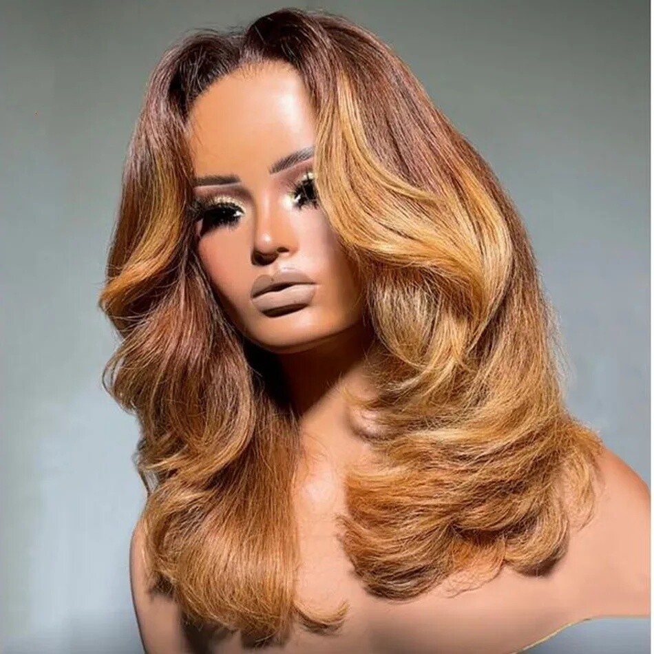 Ombre Light Brown Layered Cut Wavy 4×4 Lace Front Human Hair Wigs Pre Plucked