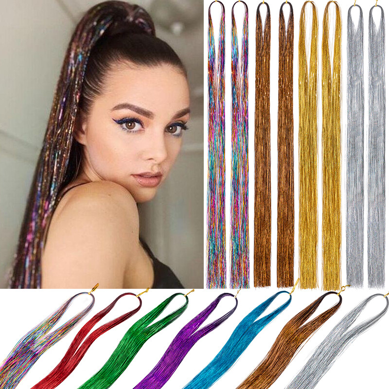 12 Colors 2400 Strands Hair Tinsel Kits Glitter Hair Extensions w/ Tool 47 Inch