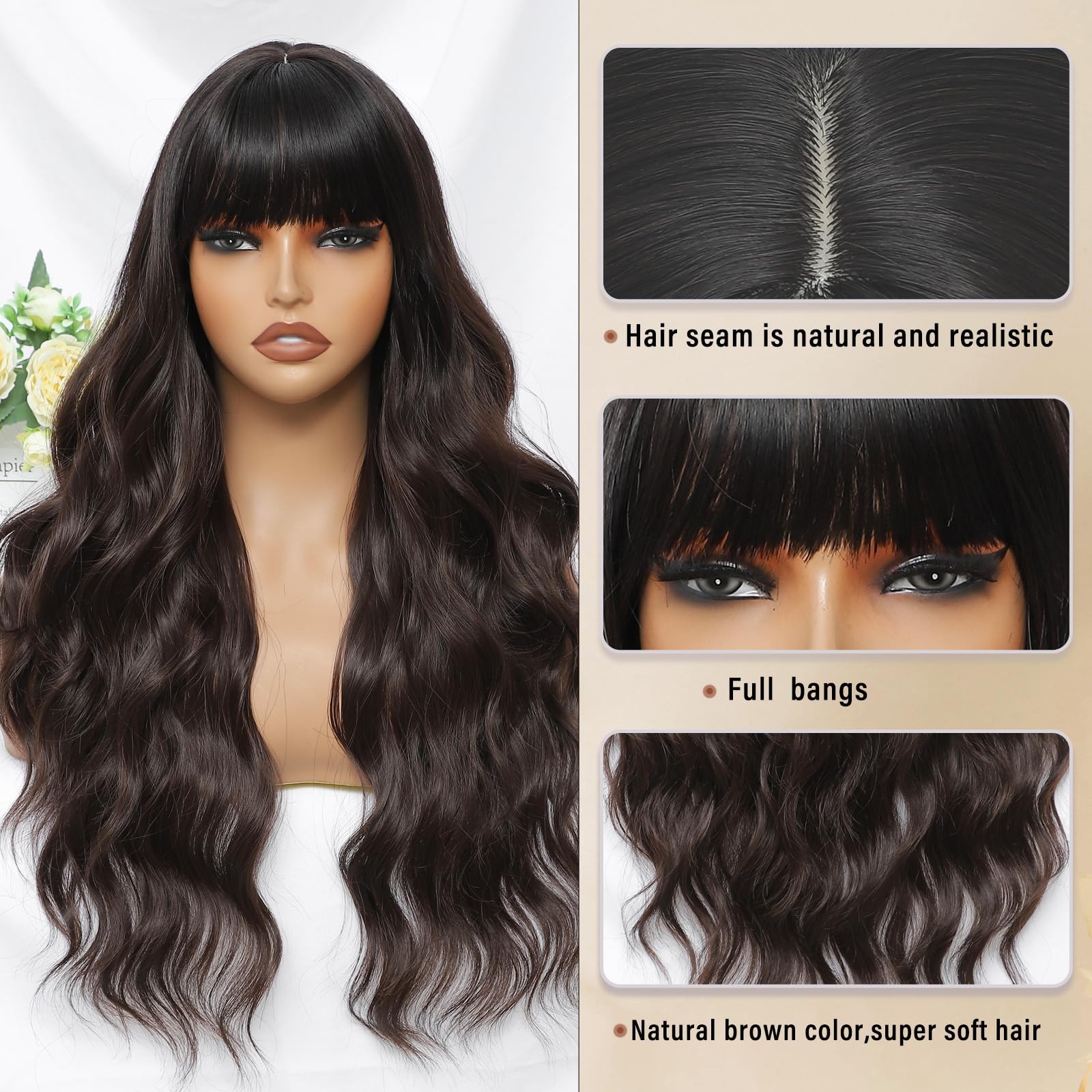 Brown Wig with Bangs for Women Long Brown Wavy Wigs 26 Inch Dark Brown Wigs N…