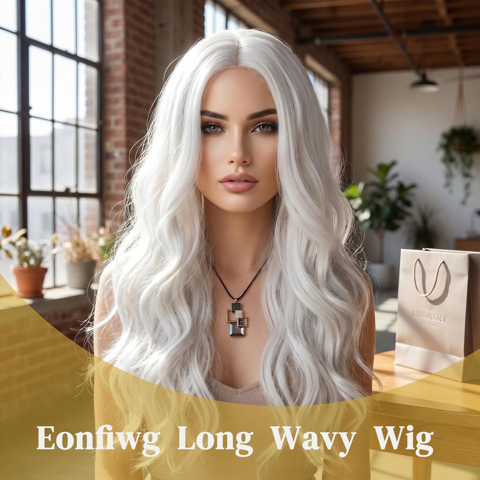 Long White Wavy Wig for Women 27.5 Inches Middle Part Natural Looking Curly W…