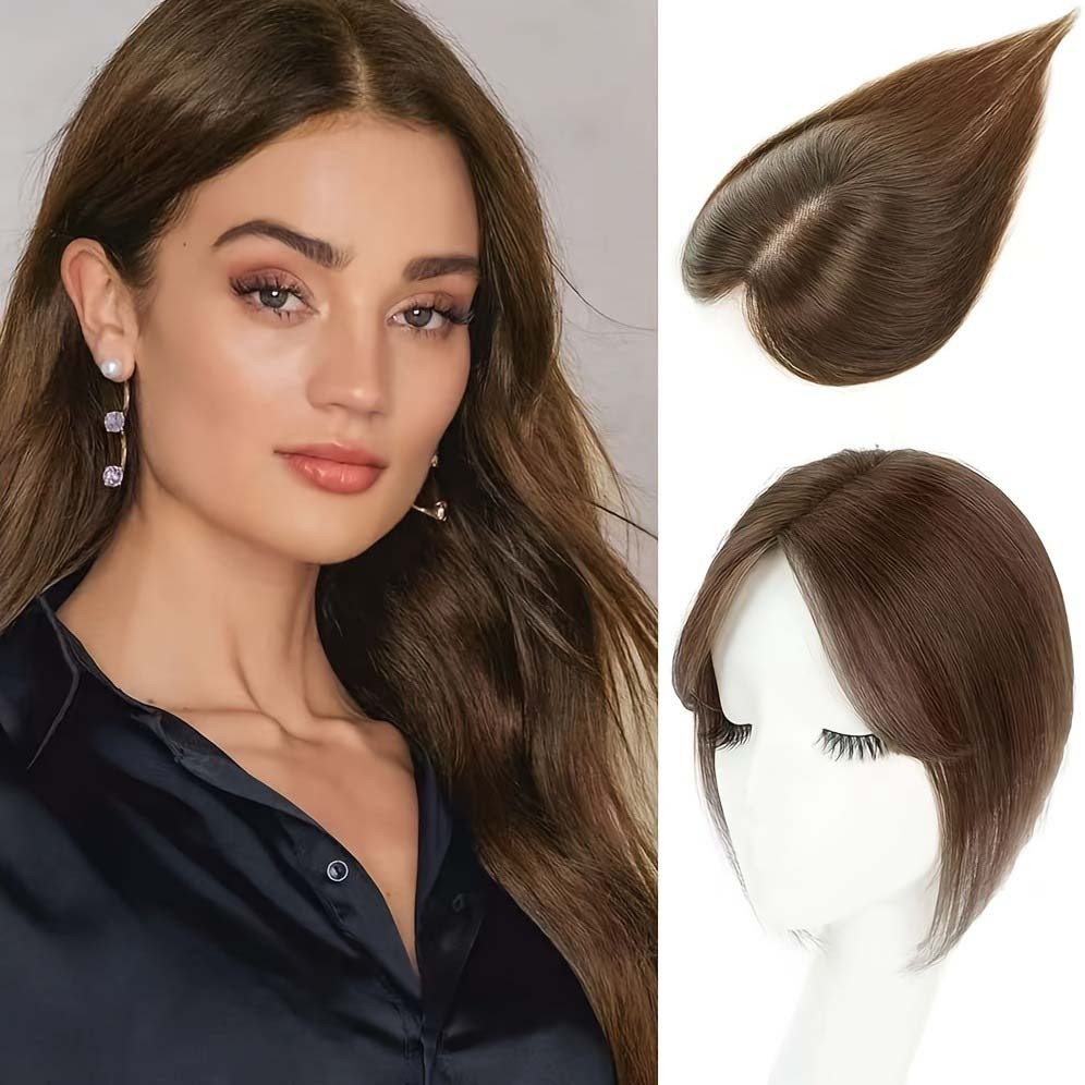 Premium Breathable Human Hair Topper with Bangs for Thinning & Gray Hair Needs