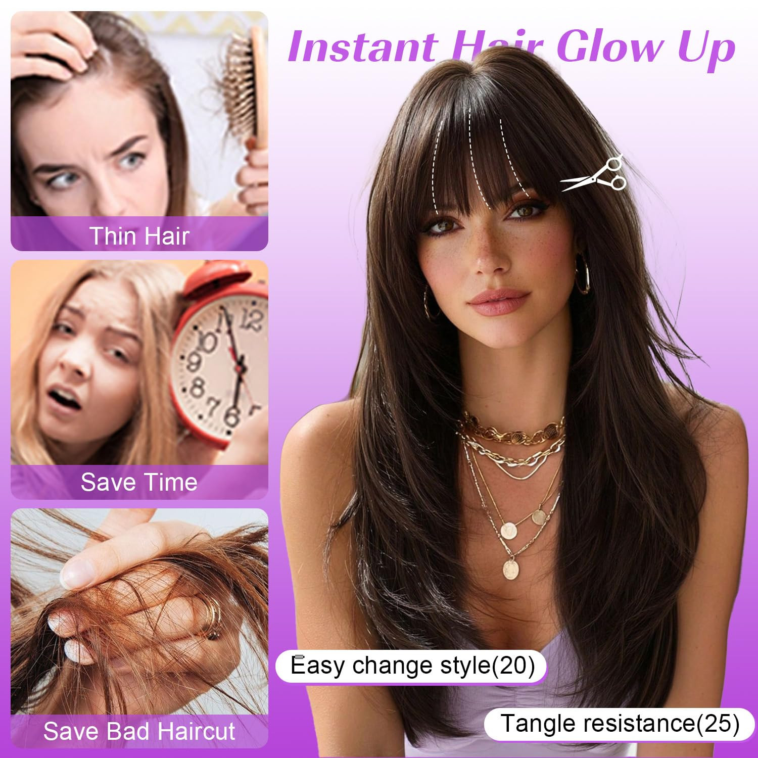 Long Layered Brown Wig with Bangs Straight Synthetic Wigs for Women 26 Inch | Be
