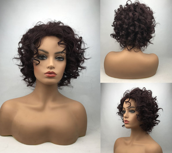 Real Human Hair Fashion for Women Hair Style Short Dark Brown Curly Wig 12In