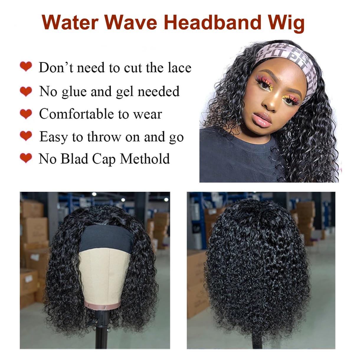Water Wave Headband Human Hair 150% Density Afro Wigs for Black Natural Curls…