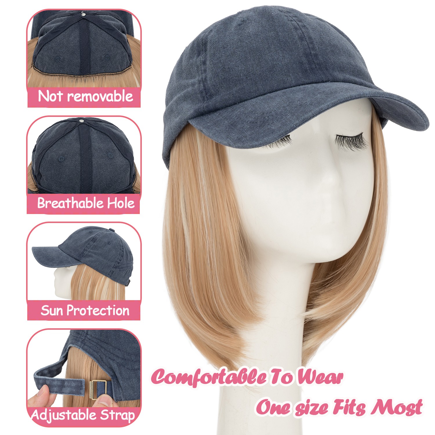 Instant Style 6″ Straight Cap Wig Adjustable Baseball Hat with Attached Hair Wig