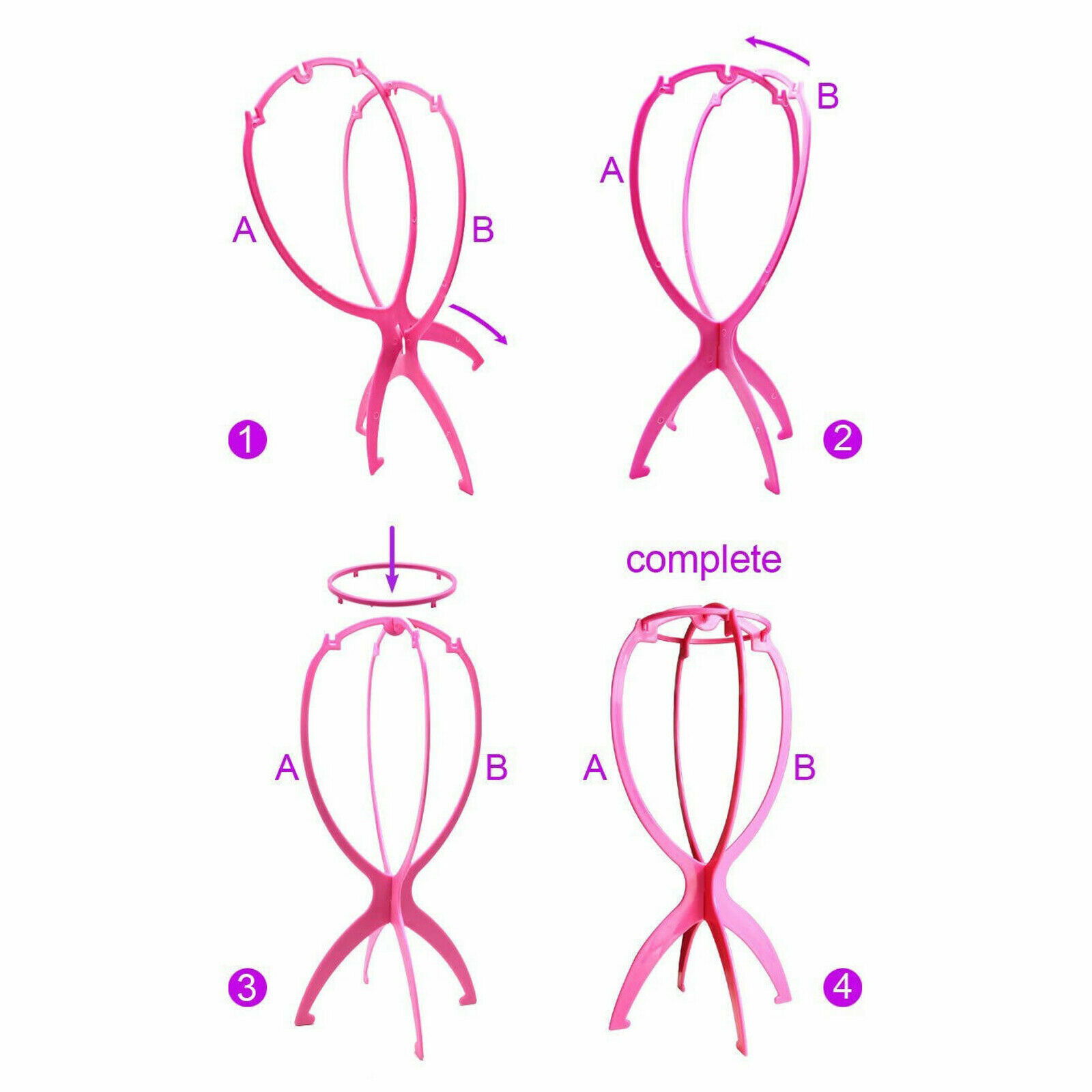 2 of Pink Plastic Light Wig Hair Holders Stand Folding Hat Cap Durable Display