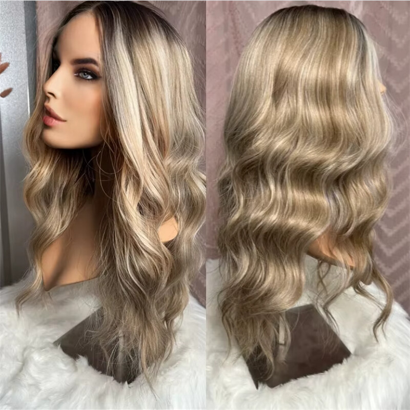 Golden Blonde with Honey Ash Blond Highlights Remy Human Hair Lace Front Wigs