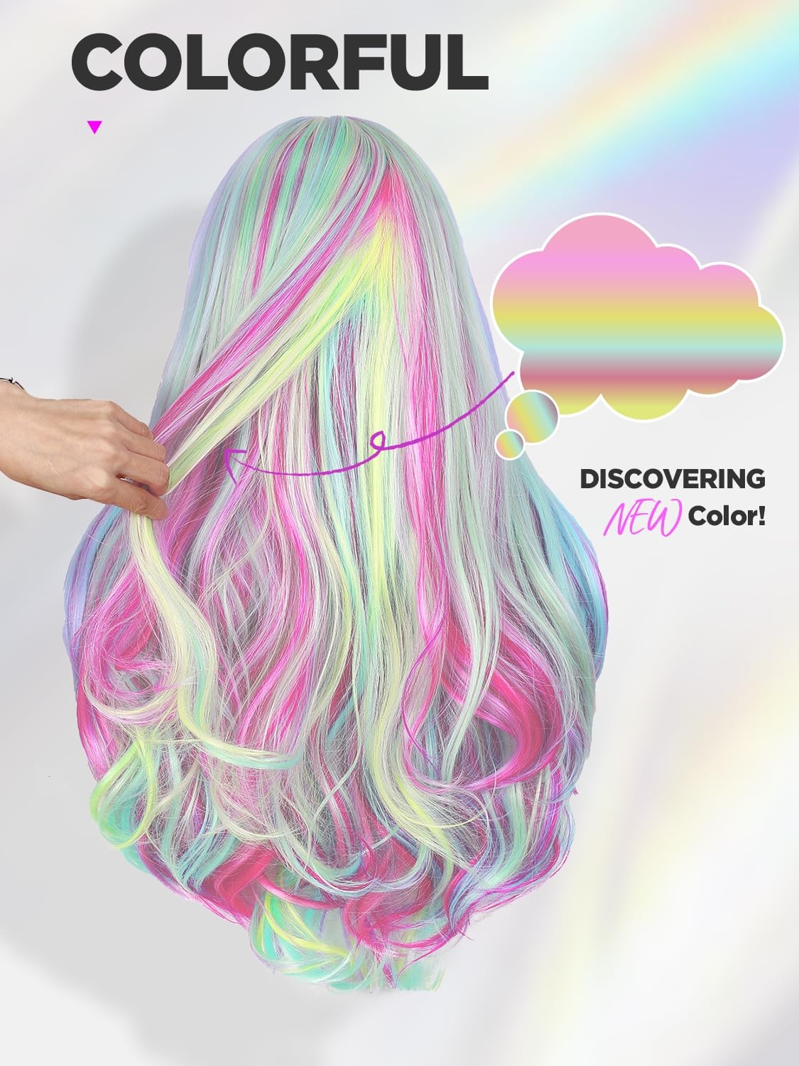 Long Rainbow Color Wavy Hair Dreamy Unicorn Color Wigs Multi-Color Pastel Col…