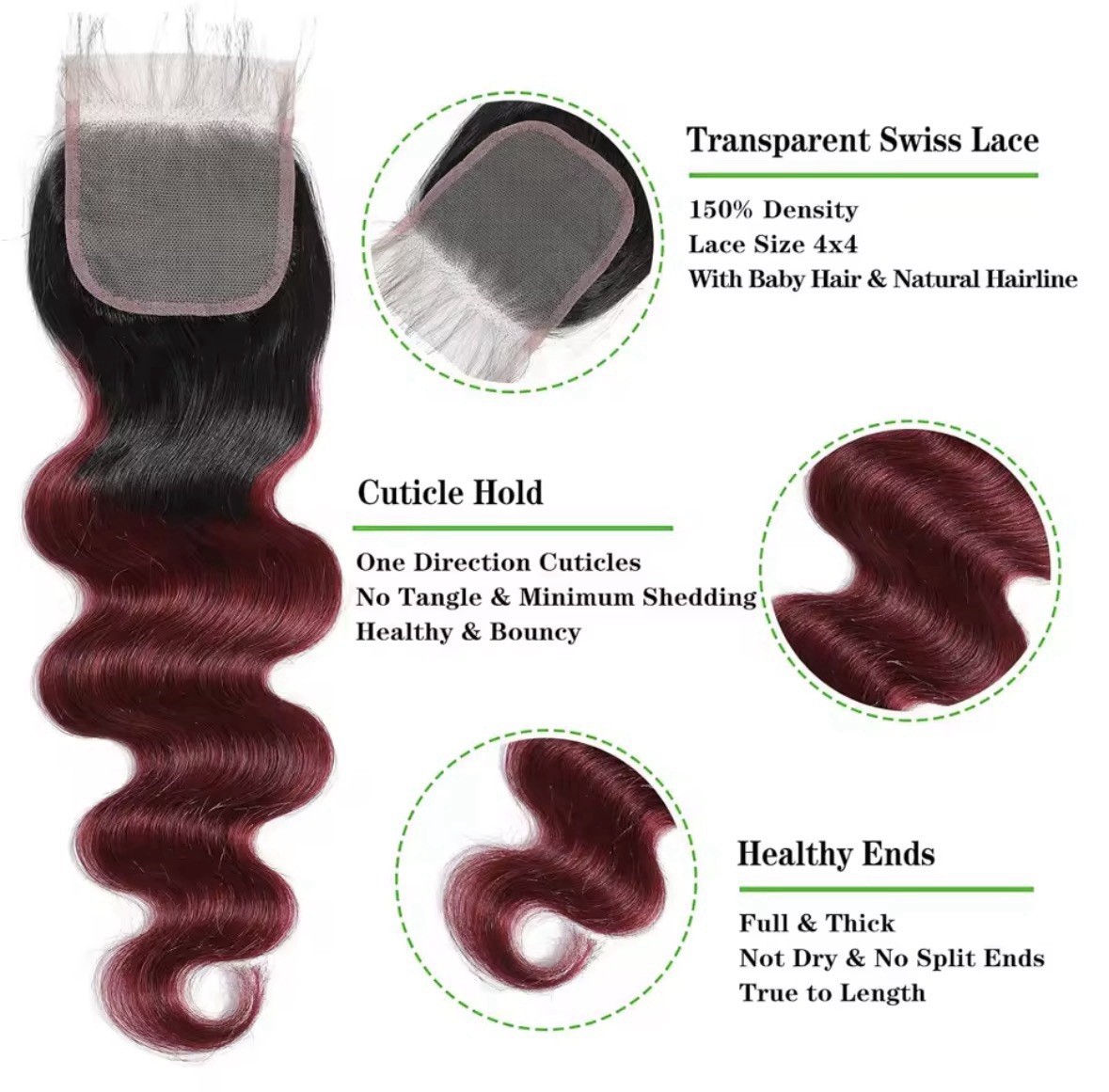 Human Hair Bundle 12” 14” & 16” with 4 x 4 Lace Closure 1B/99J Body Wave W/GIFT