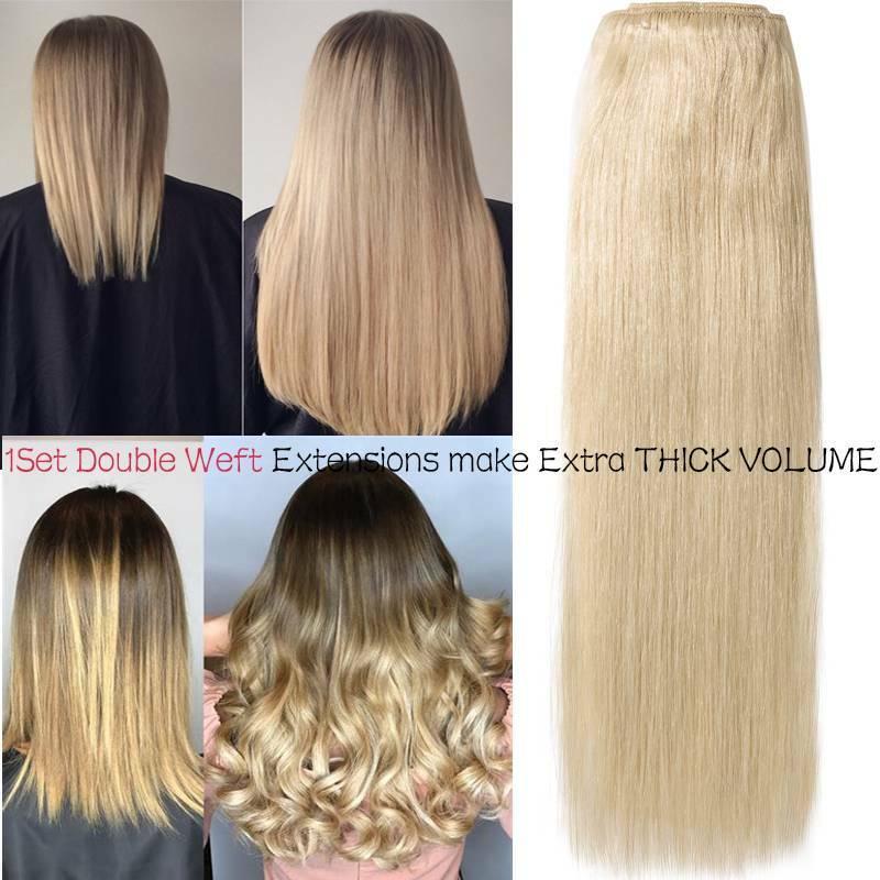 THICK Double Weft Clip In Real Remy Human Hair Extensions Full Head 8pcs Caramel