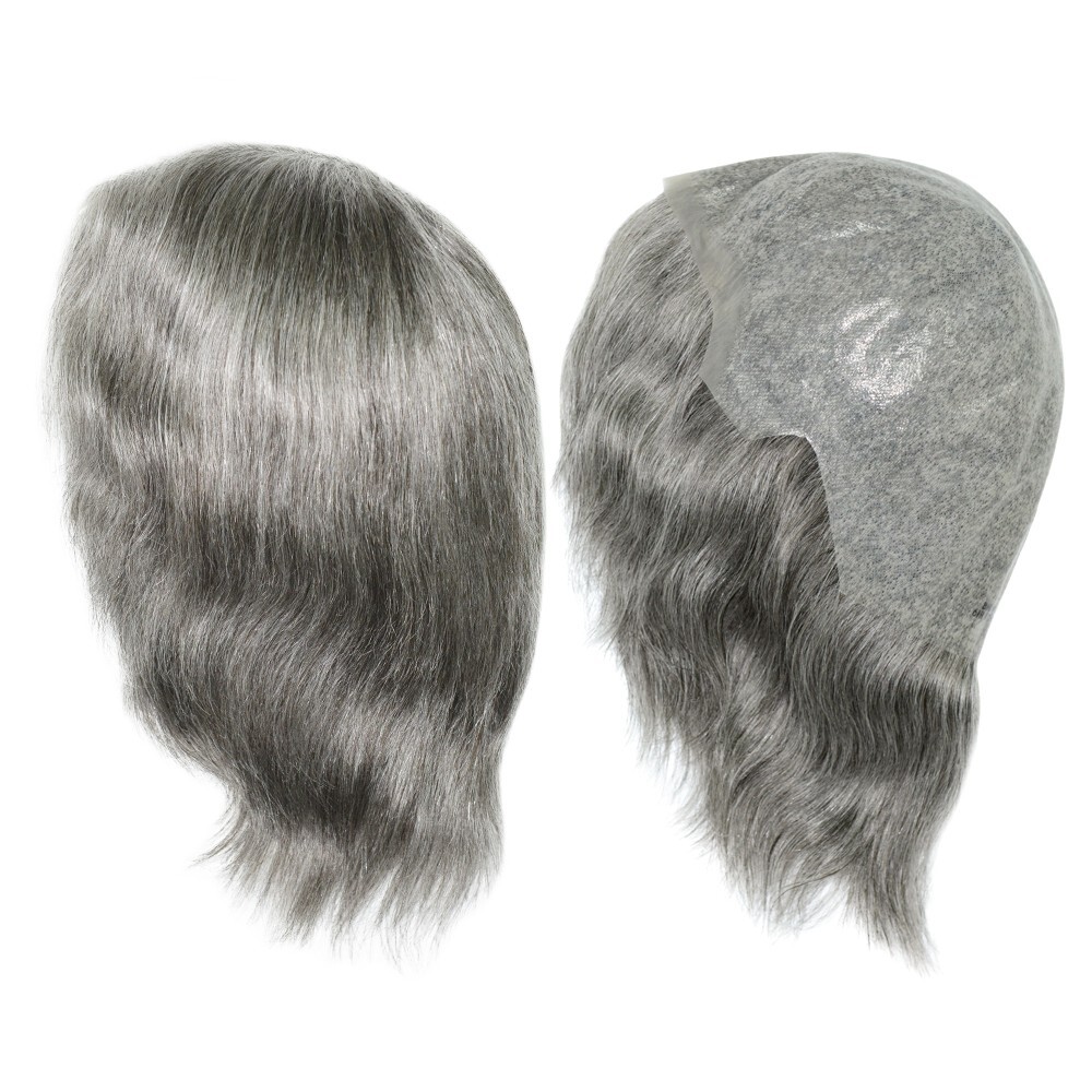 Mens Human Hair Full Head Wigs Thin Poly Skin Grey Wig Medium Size 6” #1B65