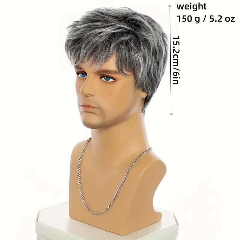 Men’s 6in Short Silver Gray Wig Full Cosplay Party Heat Resistant Synthetic