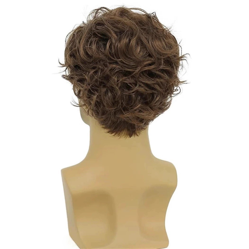 Men’s Short Curly Brown Synthetic Wig Natural Fluffy Wavy Hair with Bangs