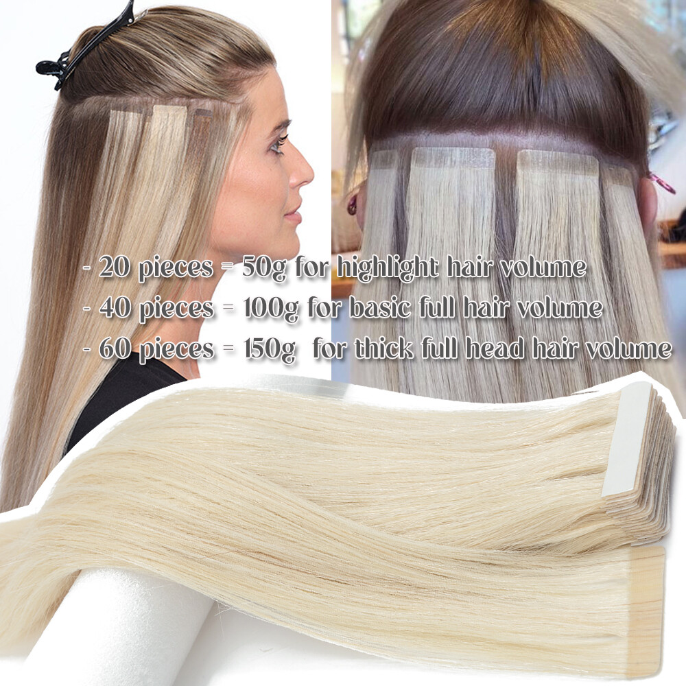 60pcs Tape in Remy Human Hair Extensions Skin Wefts Premium Thick Hair 14-24 in