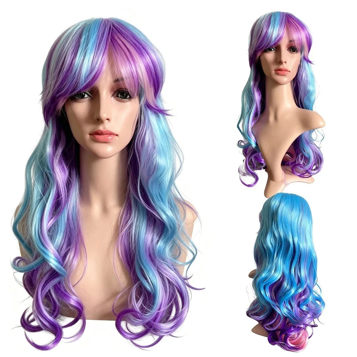 Long Wavy Purple Blue Mixed Color Wig with Bangs Heat Resistant Synthetic Hair C
