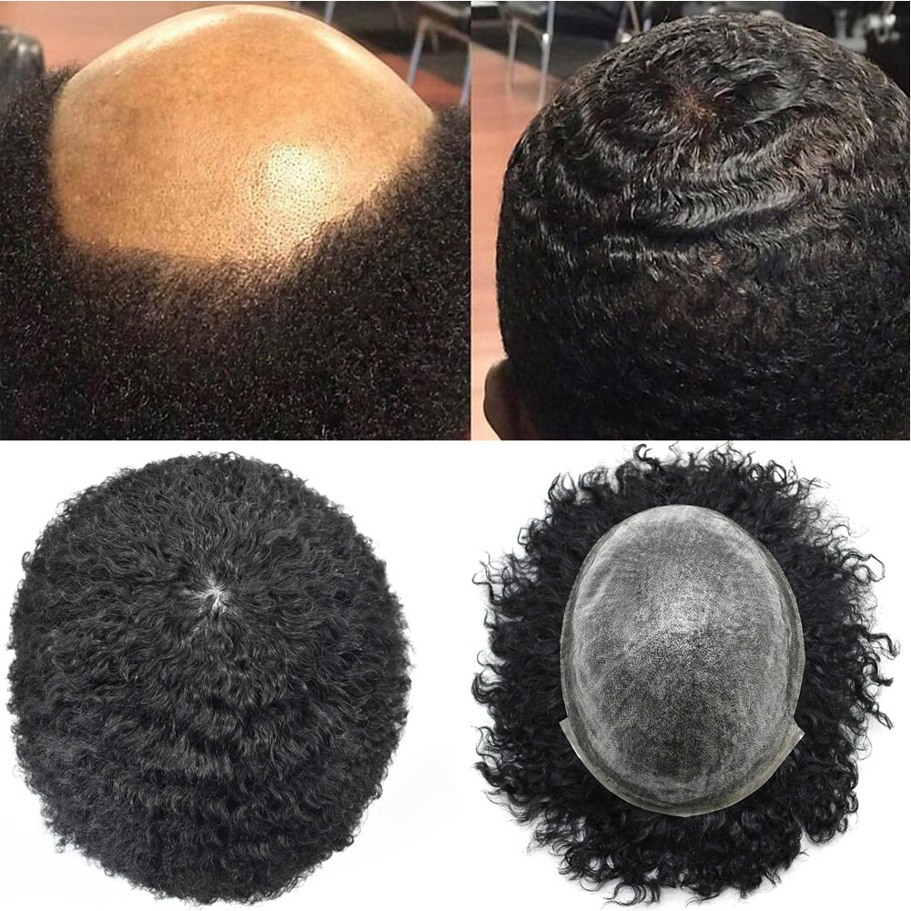Afro Curl Mens Toupee Full Poly Skin Pu African American Human Hair Replacements