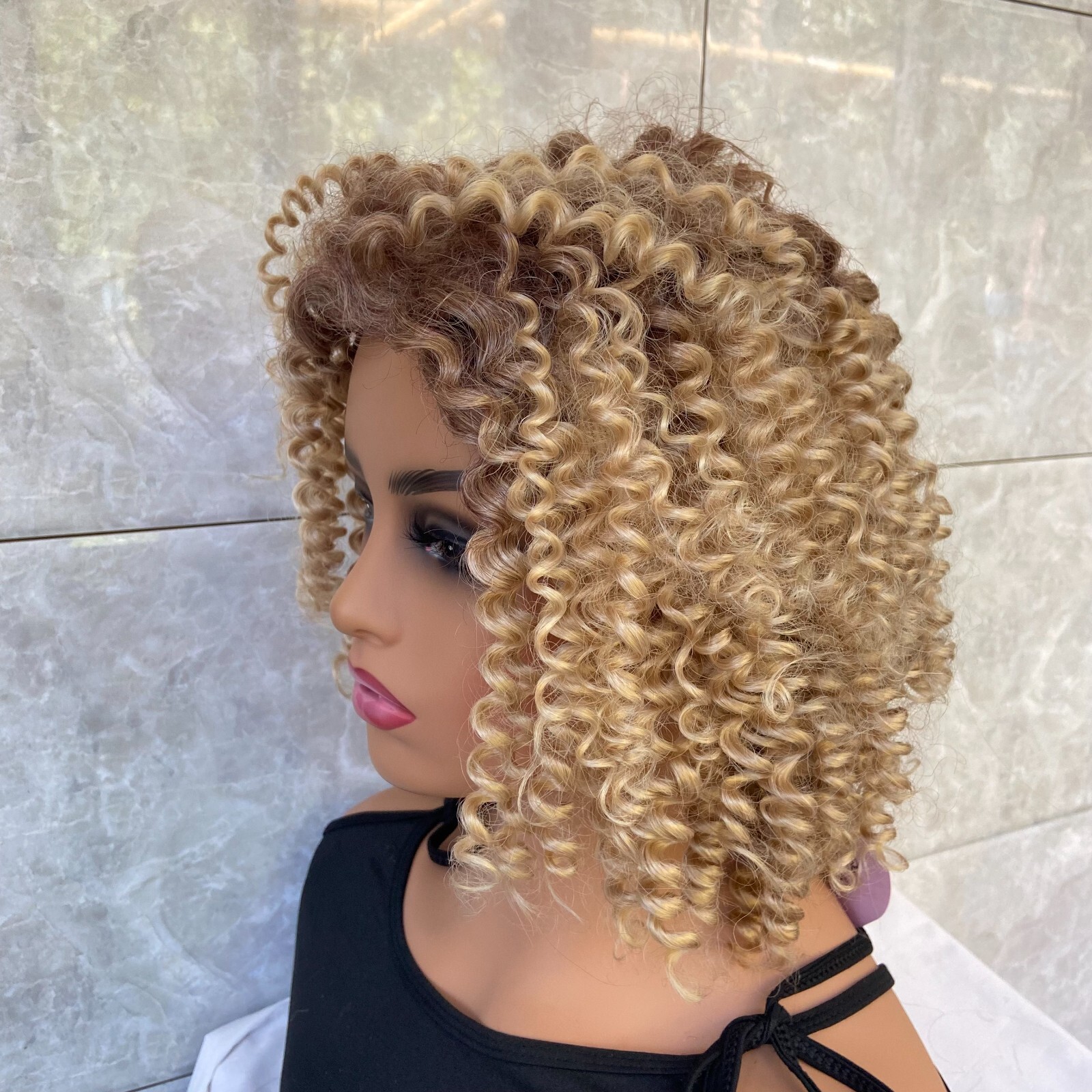 Short Kinky Curly Rooted Blonde Mix Human Hair Blend Heat Ok Wigs Women Soft