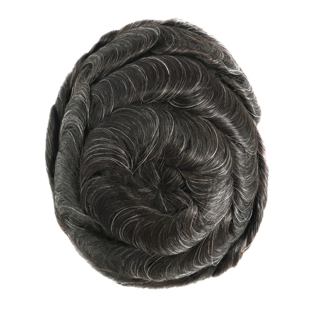 Mens Human Hair Replacement System Poly Skin Toupee Scalloped Hairpieces #1B10