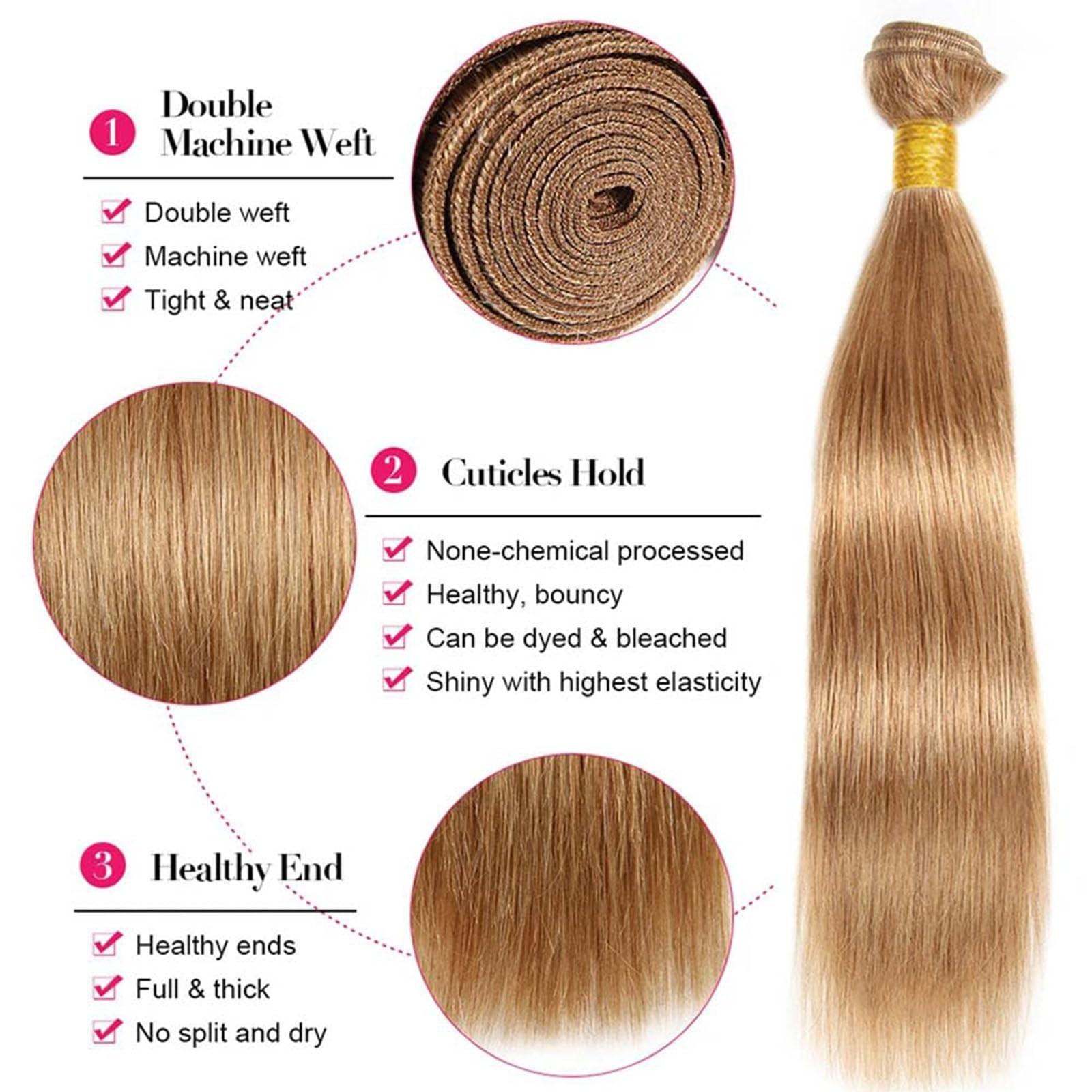 Fabimiya 8 10 12 Inch Human Hair Bundles Honey Blonde 27 Straight Bundles Human