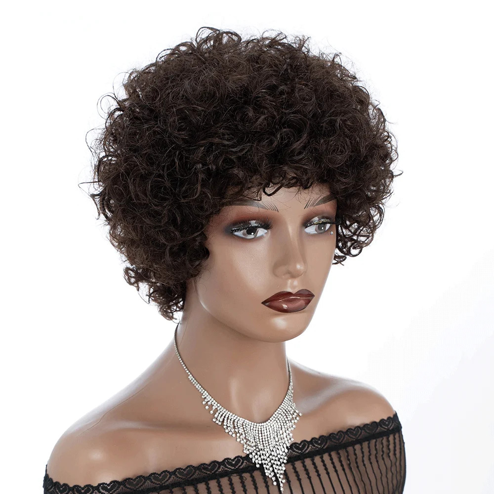 Brazilian Afro Puff Pixie Bob Wig 99J Natural Brown Human Hair For Women