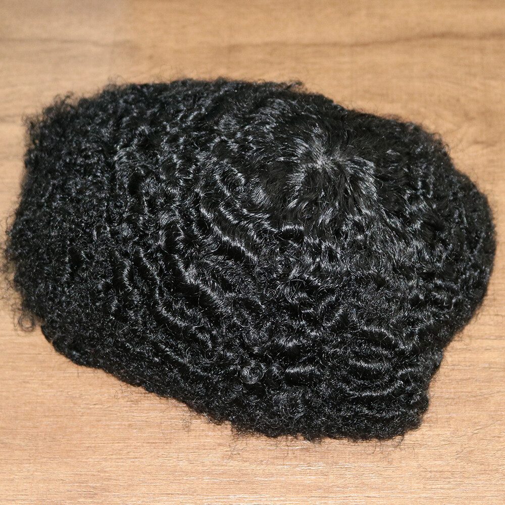 custom 10×10 inches 360 Wave Man Toupee Hair 10MM Curly Unit African Black Mens
