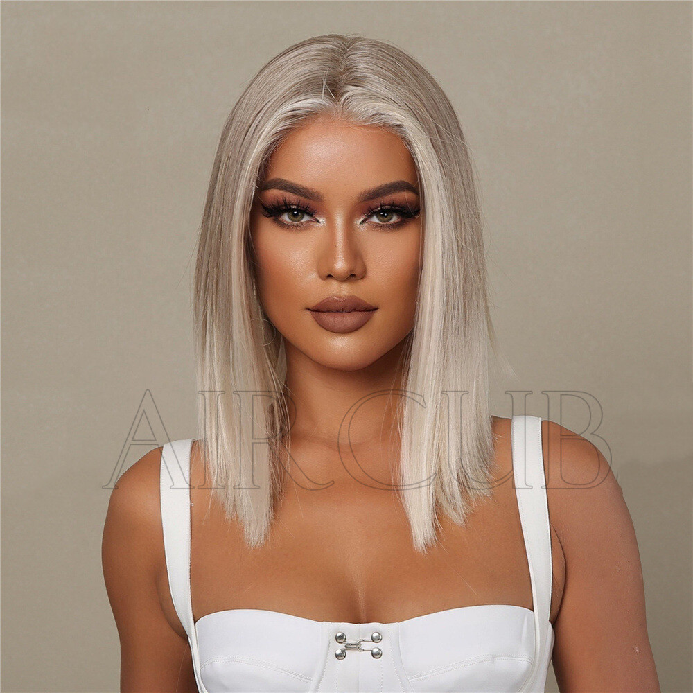 Ash Blonde White Balayage Highlights BOB 12 inch Wig Straight Lace Front Wigs