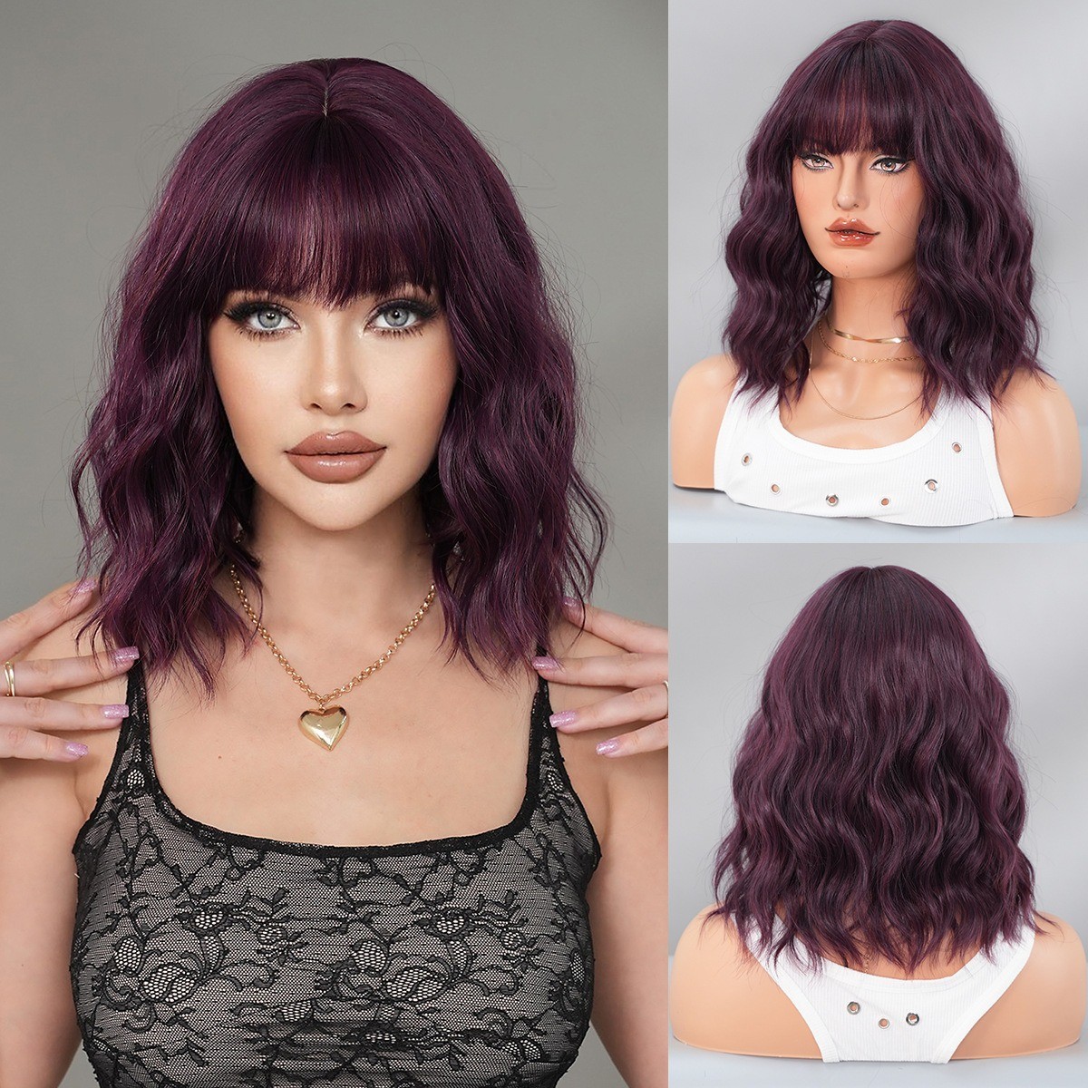 Red wine color 12-inch short curly wig for women with a straight Bob hairstyle