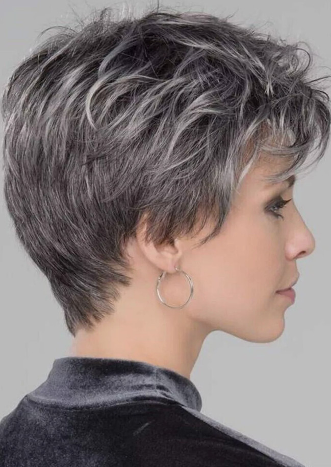 Women fashion 6 Inch Gray Salt and Pepper Short Choppy Layered Capless Wigs
