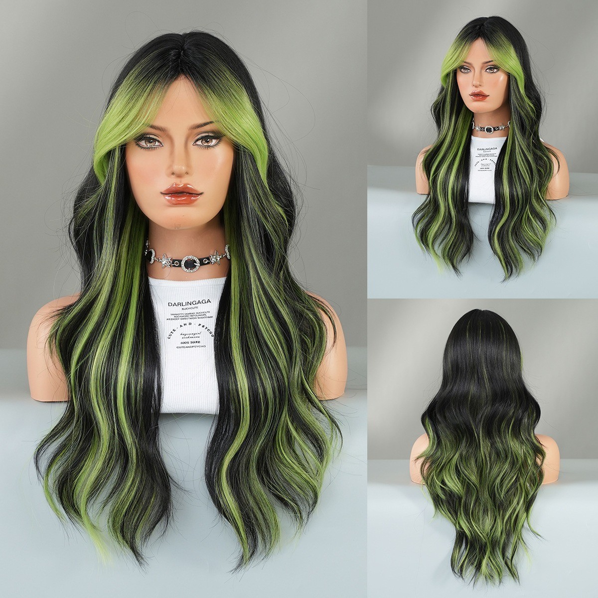 Full head wig with side-swept bangs colorful flame orange highlights and long
