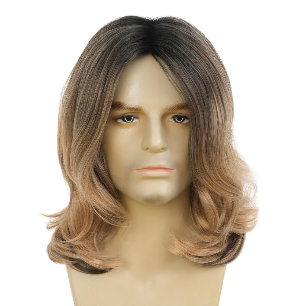 Men’s Brown Shoulder Length Wig Synthetic Cosplay Costume Rocker Hair