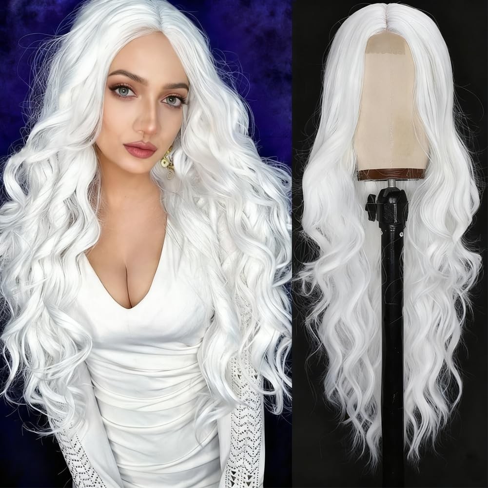 White Wigs for Women 26 Inch White Long Wavy Wig Middle Part Glueless Lace Wi…