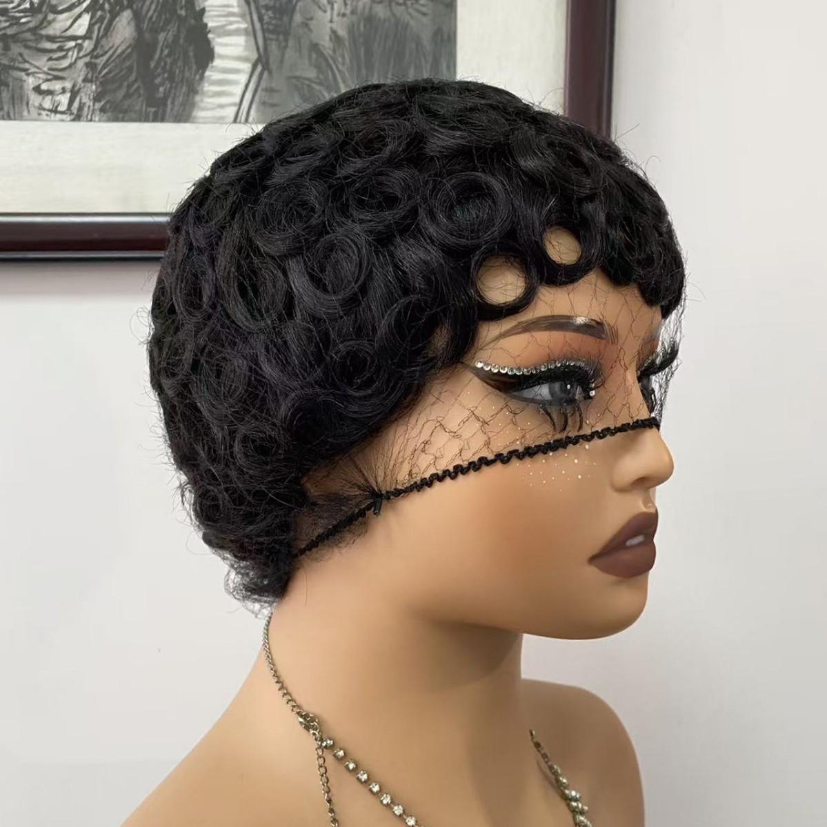 Real Human Hair Pixie Wig 6 Inch African American Kinky Curly Short Bob Style