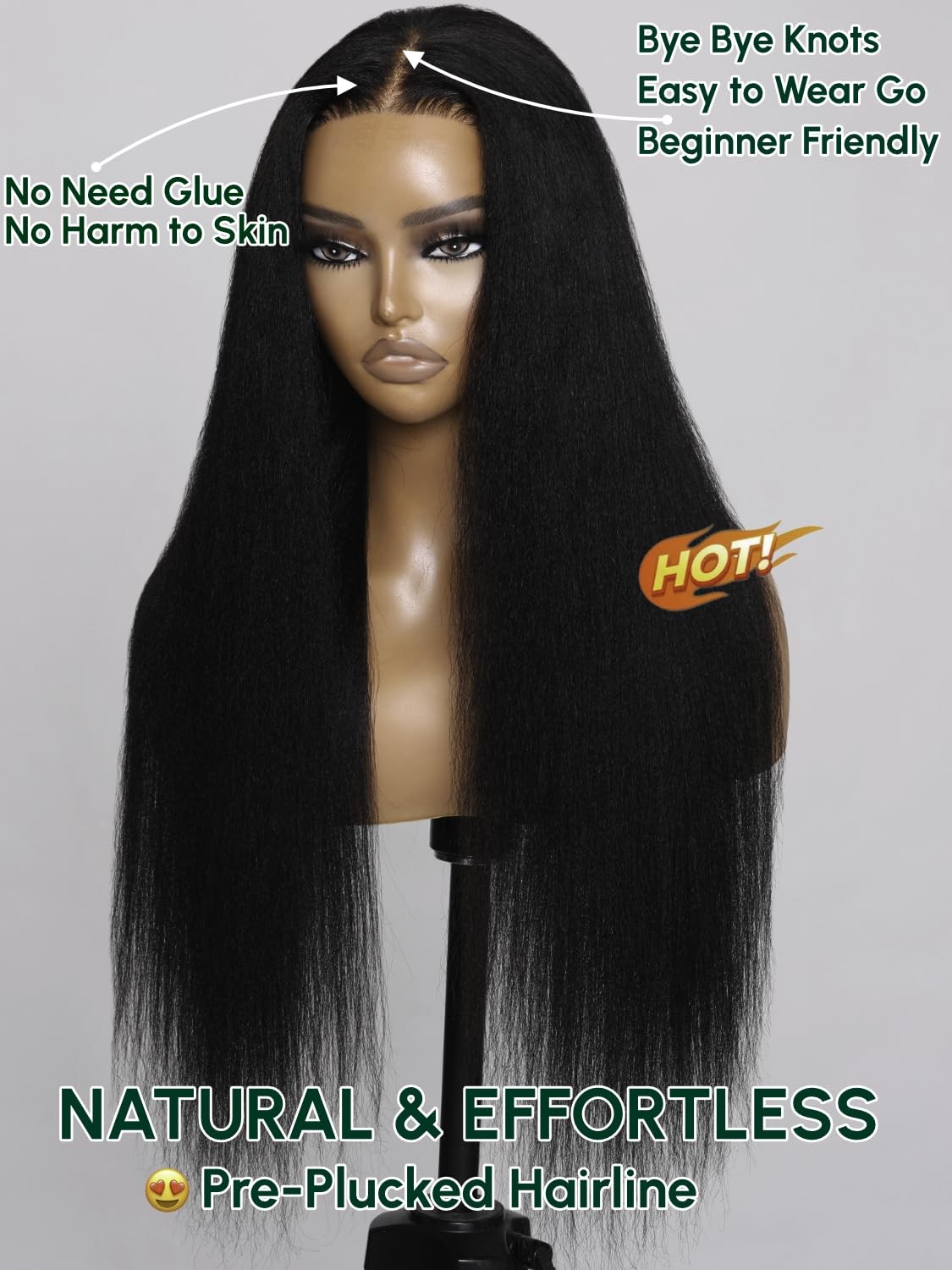 Klaiyi Yaki Straight Bye Bye Knots Glueless Wig 7X5 Precut Lace Front Wigs