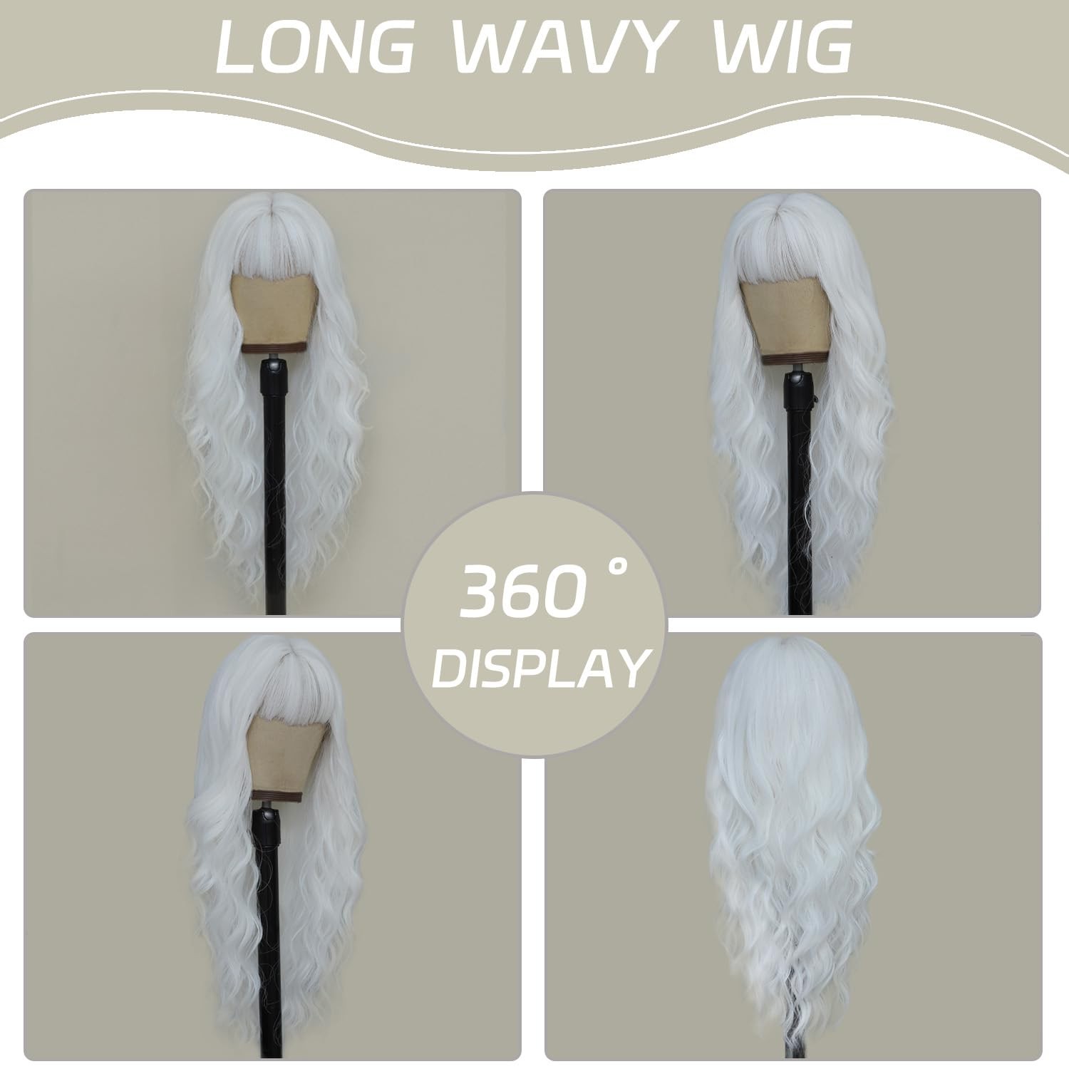White Wig with Bangs for Women, Long Wavy White Wig 26 Inch Wigs Heat Resista…