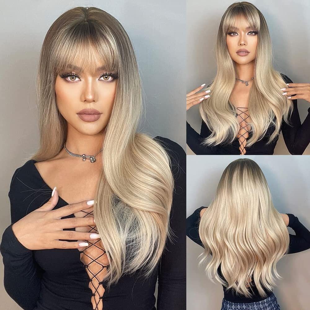 Long Wave Blonde Wig with Bangs,Ombre Blonde Wigs for Women Heat Resistant Fi…