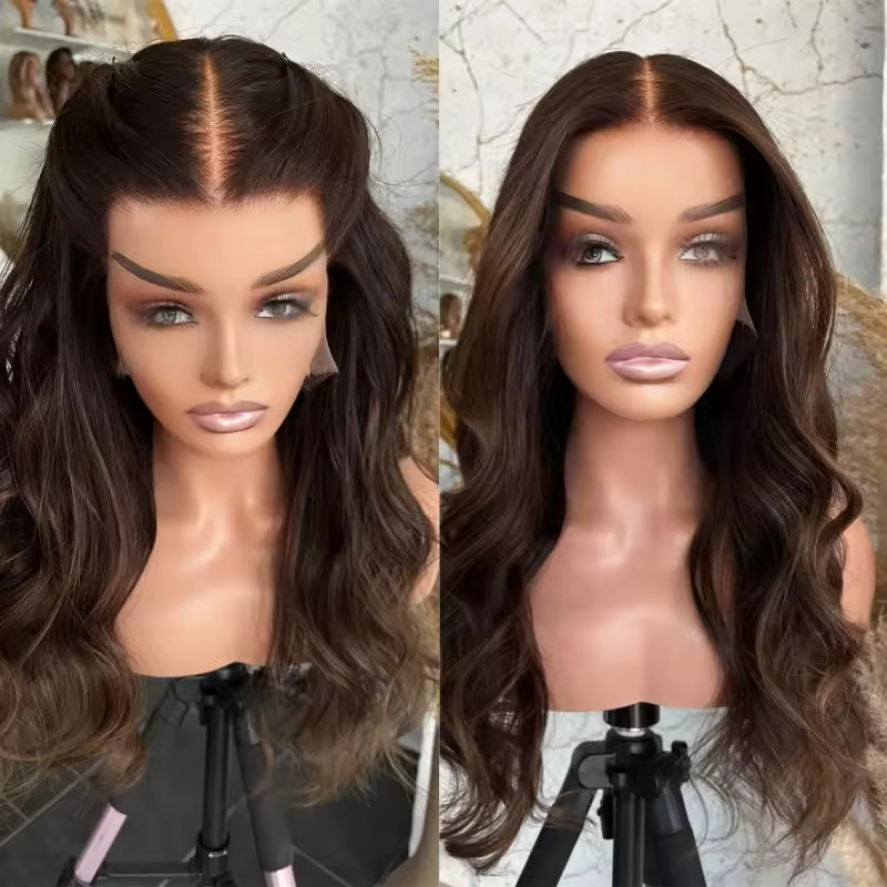 13×6 Dark Brown body wave wigs 100% Human Hair Lace Front Wigs Bleached Knots