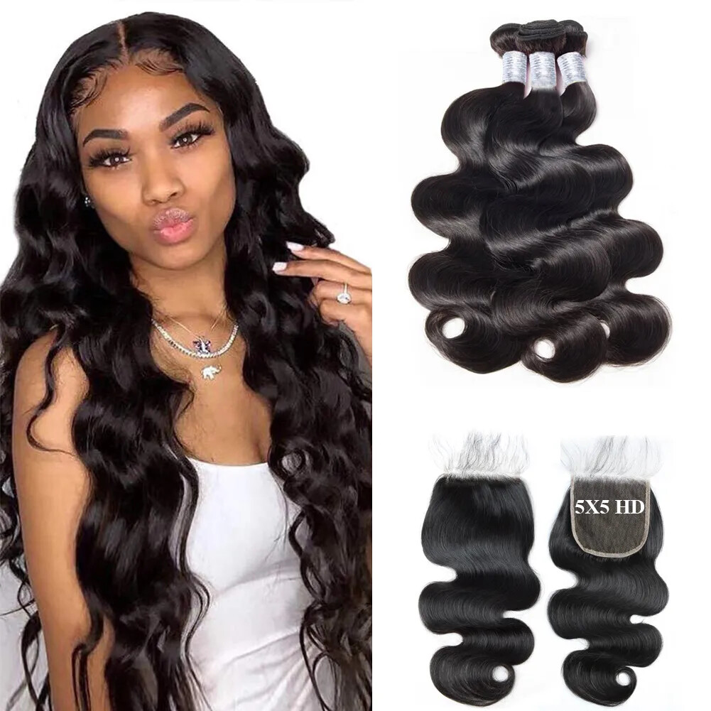 12A BRAZILIAN VIRGIN HUMAN HAIR BODY WAVE HD LACE BUNDLES 4X4/5X5/6X6 COLOUR 1B#