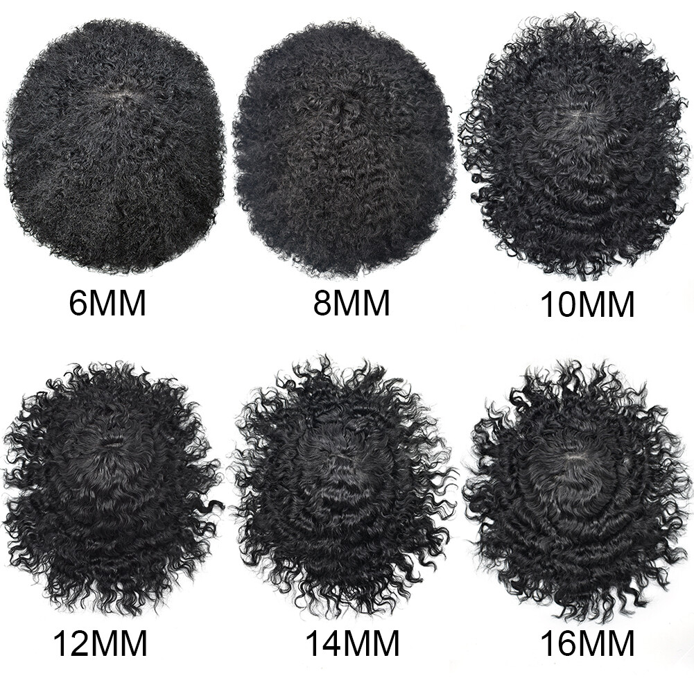 Black Afro Curl Mens Toupee Poly Skin 100%Human Hair African American Hairpieces